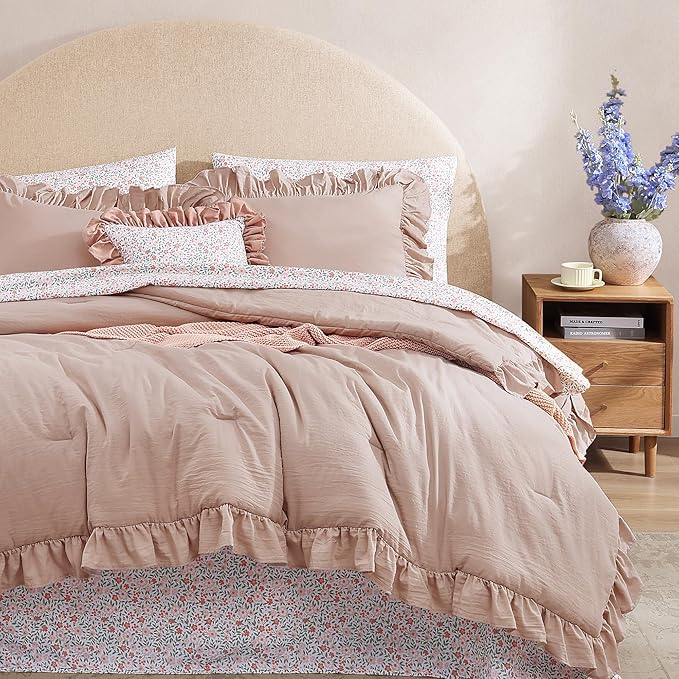 Twin XL Comforter Set - 5 Pieces Ruffle Rose Floral Bedding Sets, Shabby Chic Farmhouse Bed in a Bag with Ruffle Comforter, Floral Sheets, Pillowcase & Sham