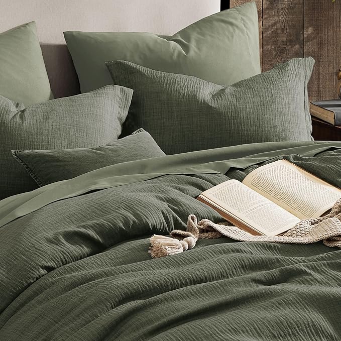 Geniospin Dark Olive Green Full Comforter Set - 7 Pieces Comforter Full Size, Solid Bedding Set for All Season, Textured Bed in a Bag with Sheets