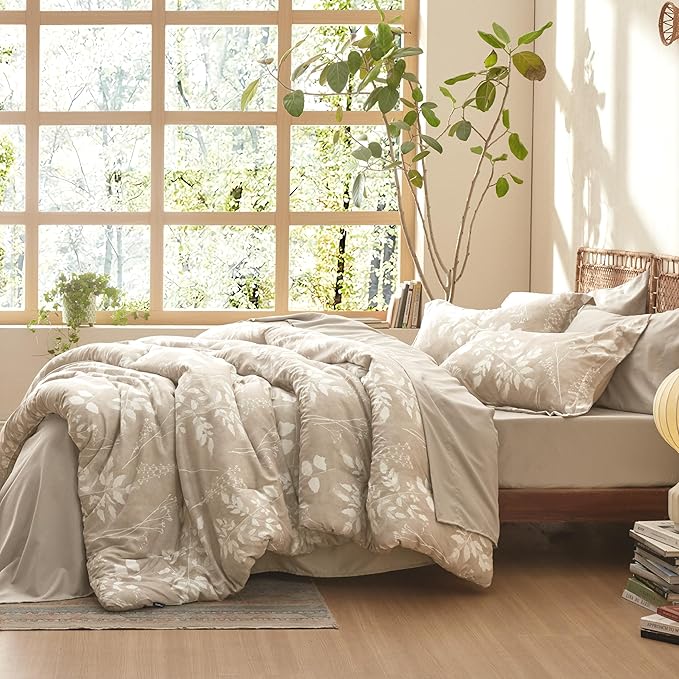 Bedsure Full Size Comforter Set - 7 Pieces Floral Beige Soft Bedding Sets, Full Bed in a Bag with Botanical Flowers Comforter, Sheets, Pillowcases & Shams