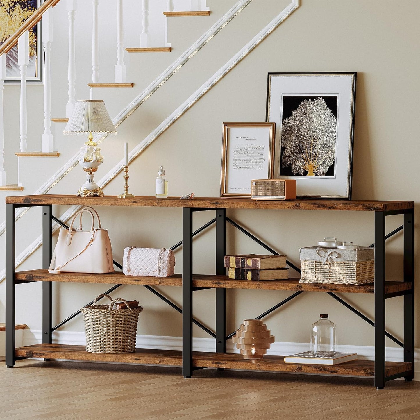 IRONCK Rustic Entryway Console Table, Long Hallway Table 70.8 in 3-Tier, TV Stand Entertainment Center Media Stand for Living Room, Industrial Style, Vintage Brown