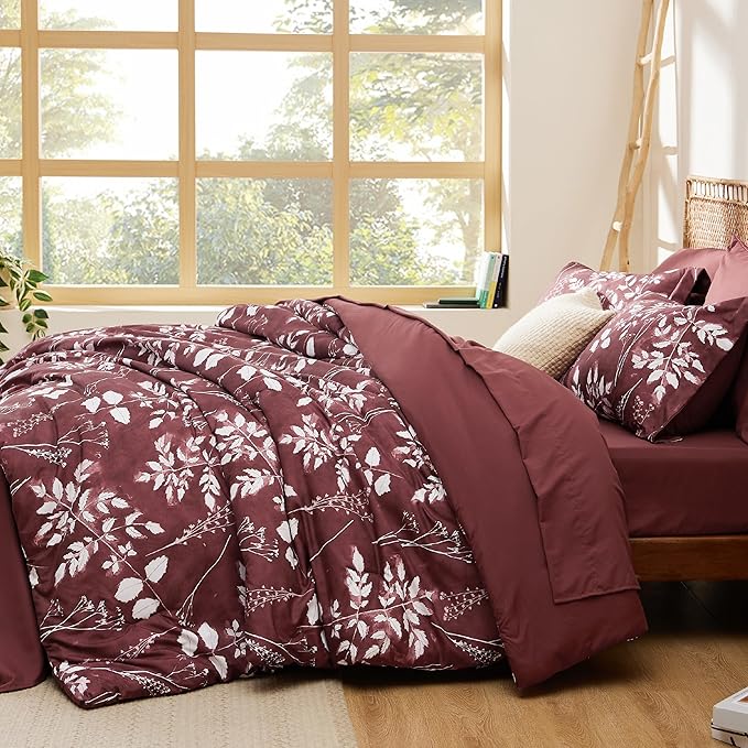 Bedsure King Size Comforter Set - 7 Pieces Floral Burgundy Soft Bedding Sets, King Bed in a Bag with Botanical Flowers Comforter, Sheets, Pillowcases & Shams