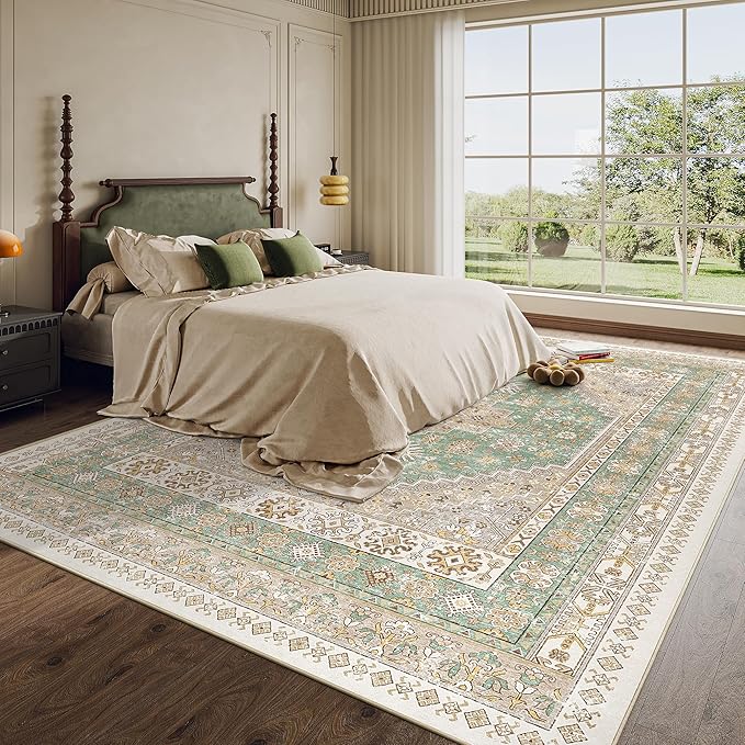 zesthome 9x12 Area Rugs,Stain Resistant Washable Rug,Ultra-Thin Rugs for Living Room,Bedroom,Non-Slip Backing Home Decor Large Area Rug (Green,9'x12')