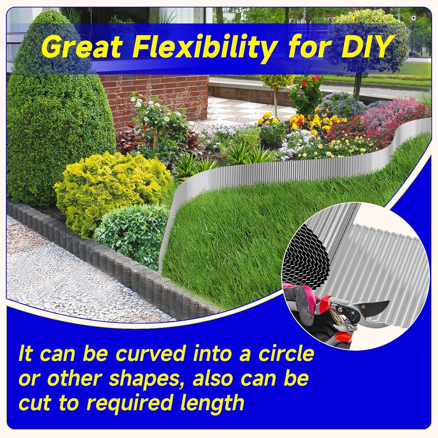 Corrugated Garden Edging,8"×10Ft Galvanized Steel Landscape Edging & Lawn Edging Border, Metal Garden Border for Flower Beds, Garden，Lawn，Raised Beds & Tree Surrounds (Silver)