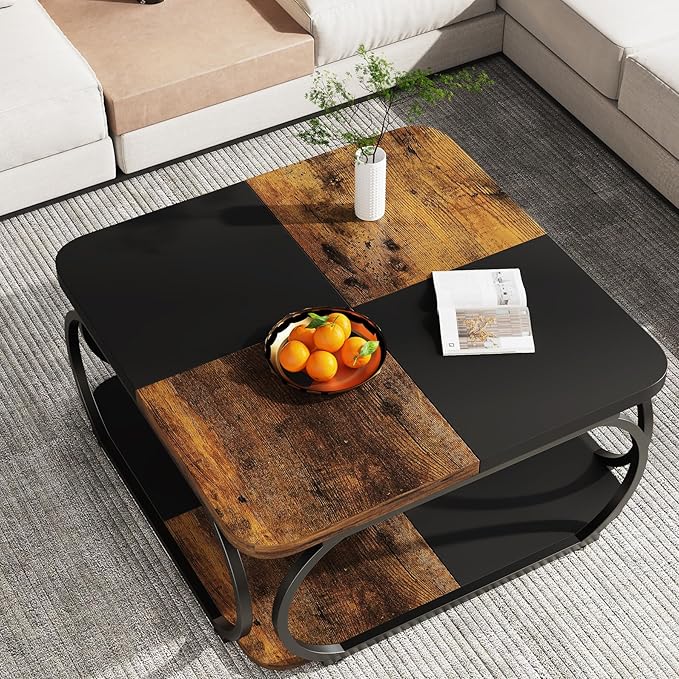 Tribesigns Square Coffee Table with 2 Tiers, 40 inches Low Farmhouse Coffee Table with Wood Storage Shelf Heavy Duty Metal Curved Frame for Modern Living Room, Black Rustic Brown