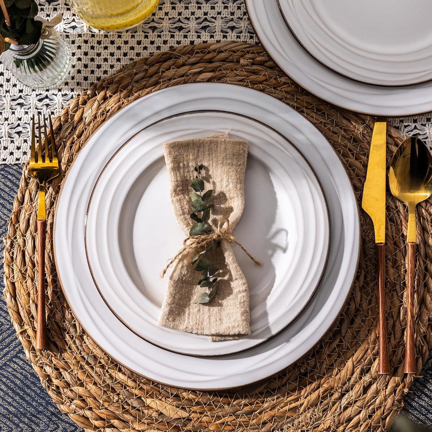 GBHOME Ceramic Dinnerware Sets,12 pcs Embossed Elegant Stoneware Plates and Bowls Sets, Housewarming Wedding Gift | Dishwasher & Microwave Safe | Dishes Set Service for 4