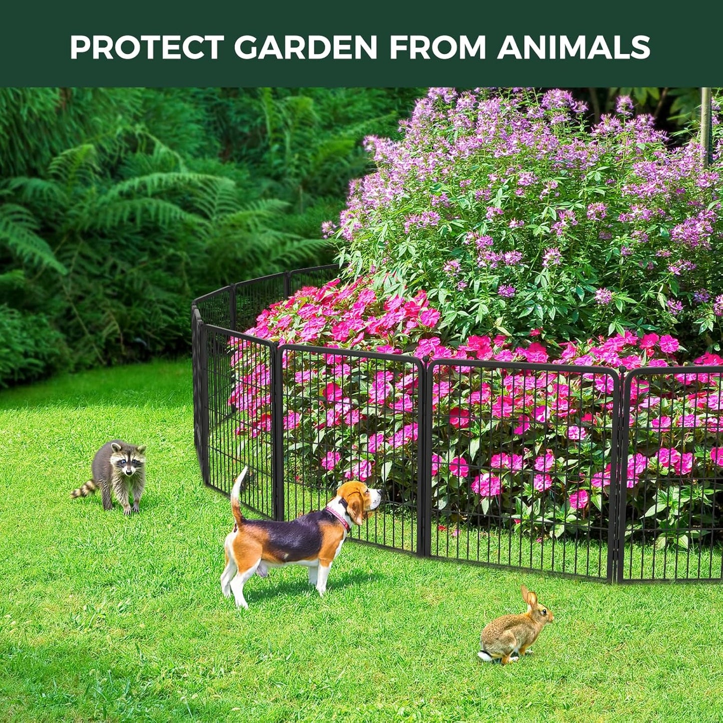 FXW Garden Fence Outdoor for The Yard – 45in(H) x 8.9ft(L) Heavy Duty Metal Animal Barrier for Dog and Rabbit, Decorative Dog Fence, 4 Panels, Black