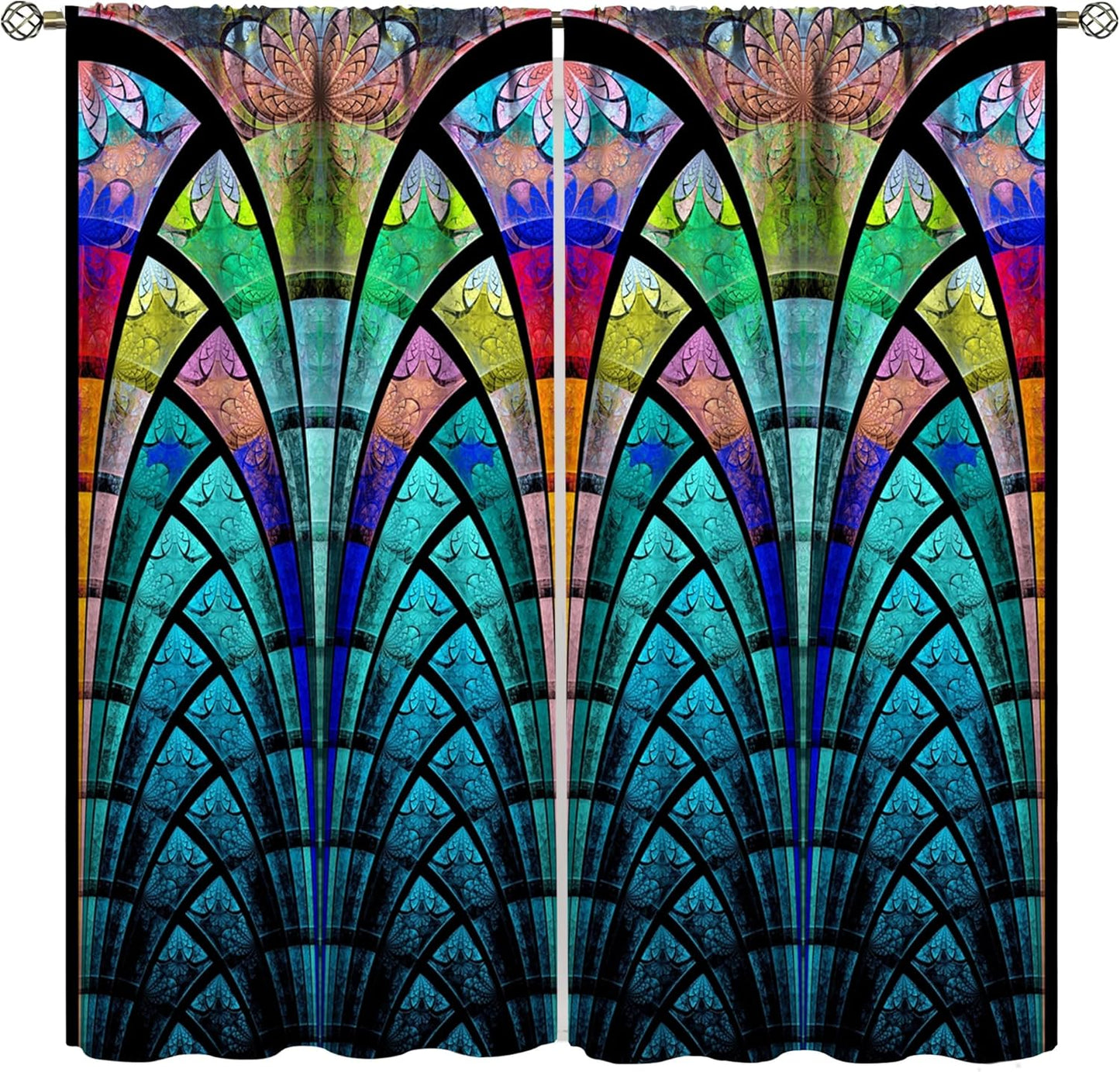 Stained Glass Curtains,Retro Design Style Colorful Abstract Art Home Decor Drapes for Bedroom Living Room Kitchen Window Treatment 2 Panels Set Total Size 72" W X 63" L Inch