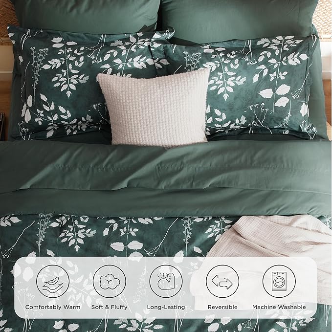 Bedsure Queen Comforter Set - 7 Pieces Floral Forest Green Soft Bedding Sets, Queen Bed in a Bag with Botanical Flowers Comforter, Sheets, Pillowcases & Shams