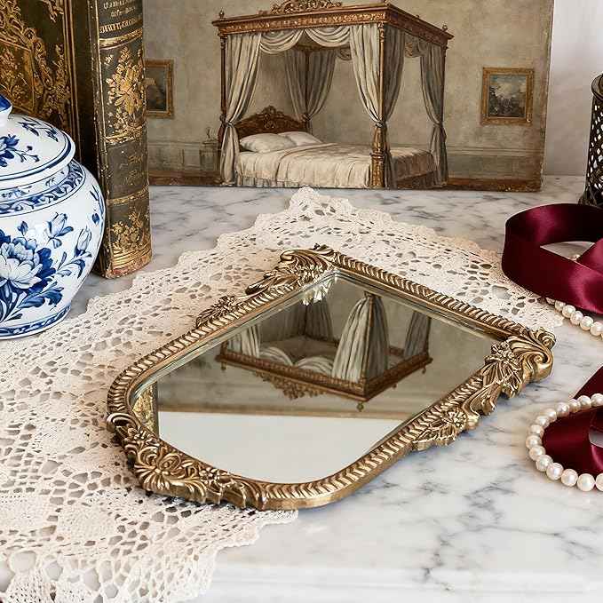 Baroque Champagne Gold Vintage Vanity Mirror 13x10 Inch, Wall-Mounted & Tabletop Dual-Use, Ornate Gold Accent Retro Decorative Mirror for Bedroom Dresser, Bathroom, Living Room and Dorm