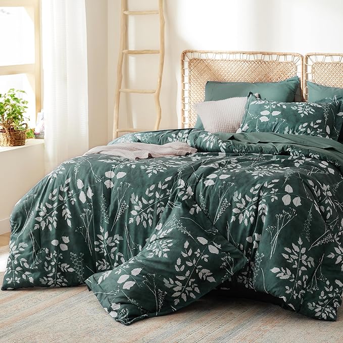 Bedsure King Size Comforter Set - 7 Pieces Floral Forest Green Soft Bedding Sets, King Bed in a Bag with Botanical Flowers Comforter, Sheets, Pillowcases & Shams