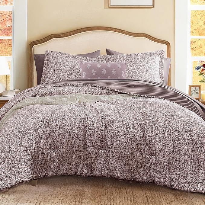 Queen Comforter Set - 7 Pieces Deep Purple Gauze Muslin Bedding Sets for All Seasons, Lightweight Breathable Bed in a Bag Queen with Revesible Farmhouse Comforter, Sheets, Pillowcases & Shams