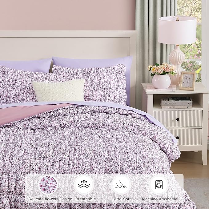 Full Size Comforter Sets - 7 Pieces Puff Light Purple Floral Bedding Set for All Seasons, Shabby Chic Farmhouse Bed in a Bag Full with Floral Comforter, Sheets, Pillowcases & Shams