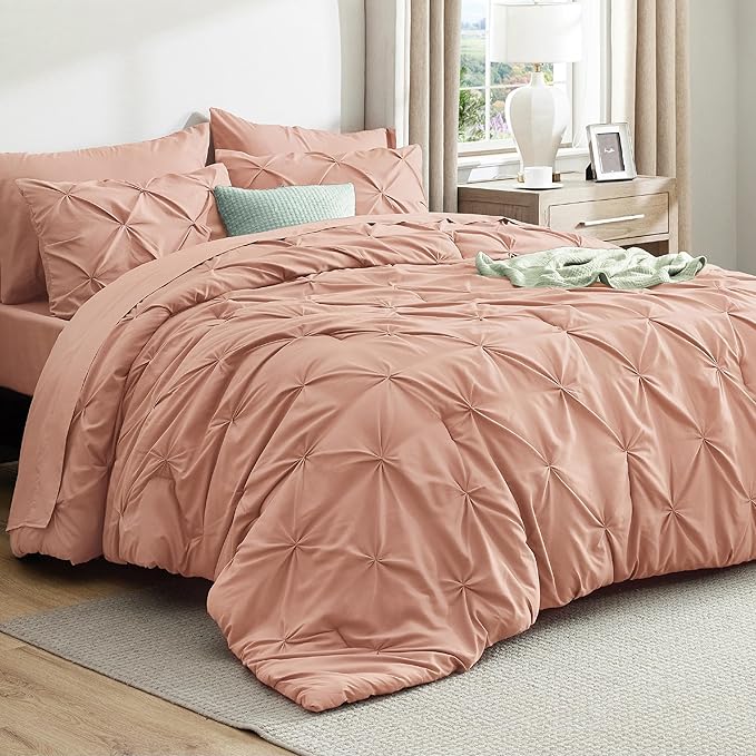 Bedsure Twin Comforter Set Dusty Pink - Bed in a Bag Twin Size Bedding 5 Pieces, GentleSoft™ Pintuck Bed Set Gift for Family, Pinch Pleat Dusty Pink Comforter with Sheets, Pillowcase & Sham