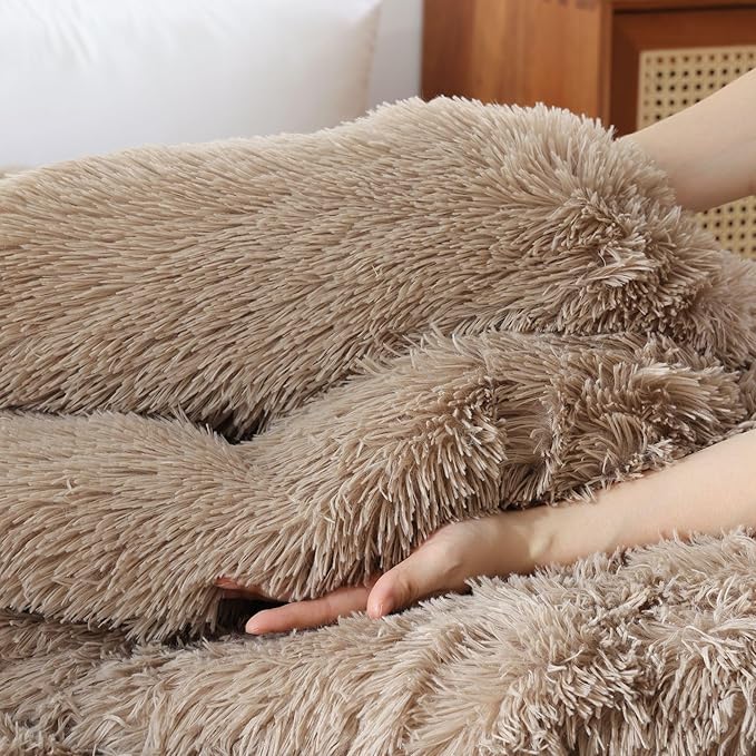 Smoofy Fluffy Twin Comforter Set, Faux Fur Comforter Set, Luxury Fuzzy Twin Bedding Set, Soft Shaggy Bed Set for All Season, 2 Pieces - 1 Comforter & 1 Pillowcase, Khaki