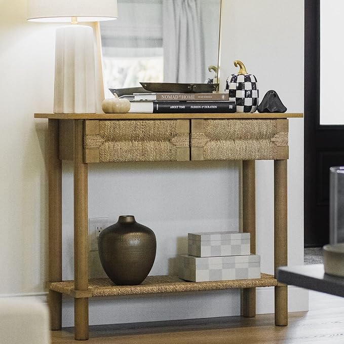 Nathan James Beacon Wooden Sofa Console Table with Drawers, Bohemian Entryway Table, Hallway Table with Seagrass Shelf, Light Brown
