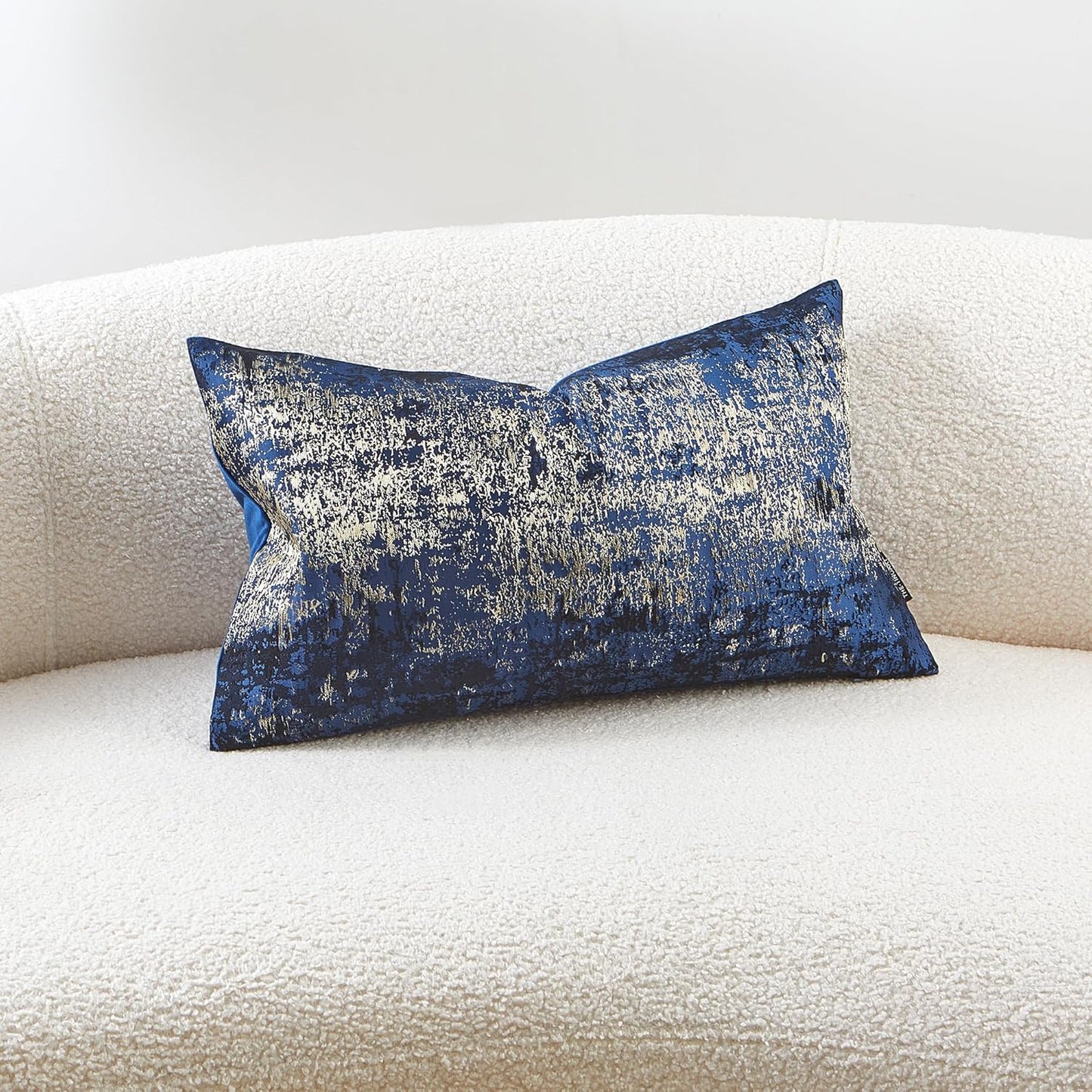 THE-TINOART Navy Gold Jacquard Pillow Cover 12x20 - Reversible Design with Gold Thread Embroidery, Luxury Velvet Back for Sofa & Bed Decor