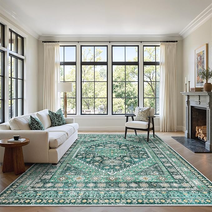 zesthome 6x9 Area Rug, Super Soft Washable Rugs for Living Room, Non-Slip Stain Resistant Vintage Rugs, Ultra-Thin Large Area Rugs(Green/Teal,6'x9')