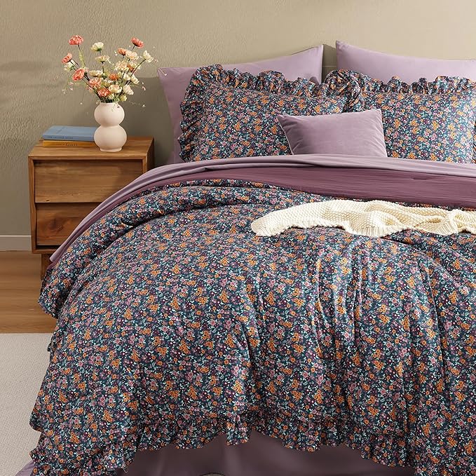 King Comforter Set - 7 Pieces Ruffle Purple Ditzy Bedding Sets, Shabby Chic Farmhouse Bed in a Bag with Ruffle Comforter, Sheets, Pillowcases & Shams