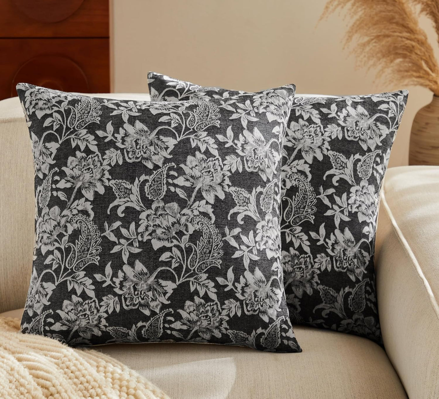 Floral Jacquard Throw Pillow Covers Set of 2, Background/Charcoal 18x18 Inch, Farmhouse Decorative Cotton Dark Grey Cushion Covers for Sofa Bed Living Room Home Decor