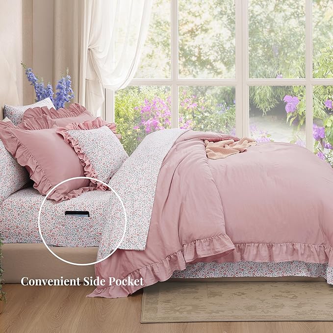 Queen Comforter Set - 7 Pieces Ruffle Soft Pink Bedding Sets, Shabby Chic Farmhouse Bed in a Bag Queen with Ruffle Comforter, Floral Sheets, Pillowcases & Shams