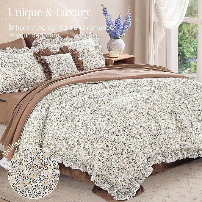 Queen Comforter Set - 7 Pieces Ruffle Beige Ditzy Bedding Sets, Shabby Chic Farmhouse Bed in a Bag Queen with Floral Comforter,Sheets, Pillowcases & Shams