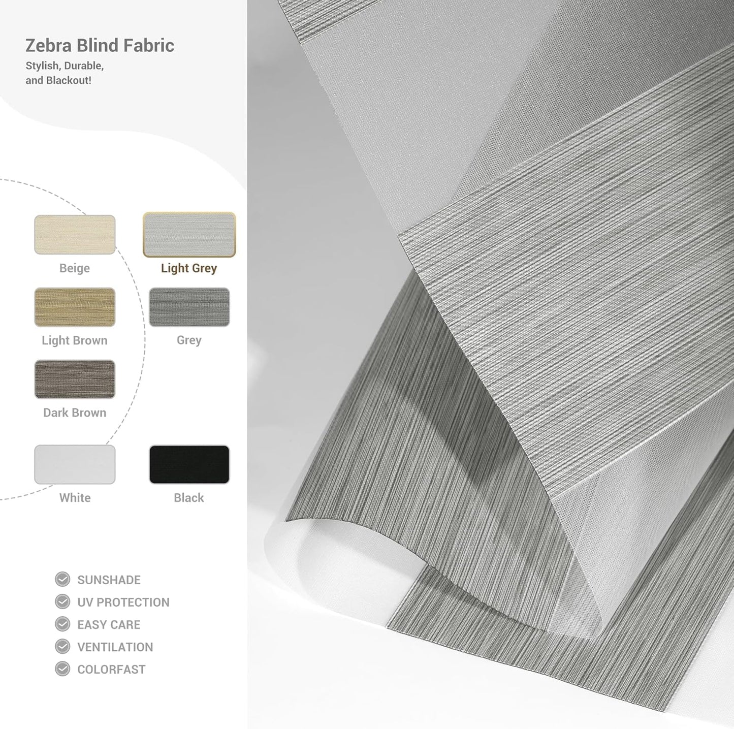 Cordless Zebra Blinds for Windows, Blackout Interior Blinds,Easy to Install,UV Protection,for Offices and Home,Custom Roller Shades, Mousse Light Grey,43" W x 48" H