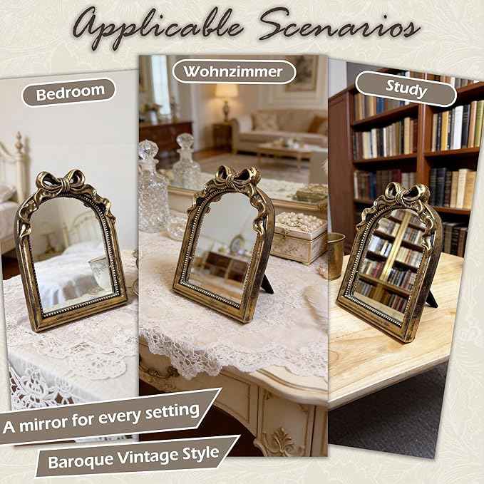 Vintage Carved Resin Desk Mirror 8x6 Inch Decorative Vanity Mirror for Makeup, Dorm, Bedroom & Tabletop Deco
