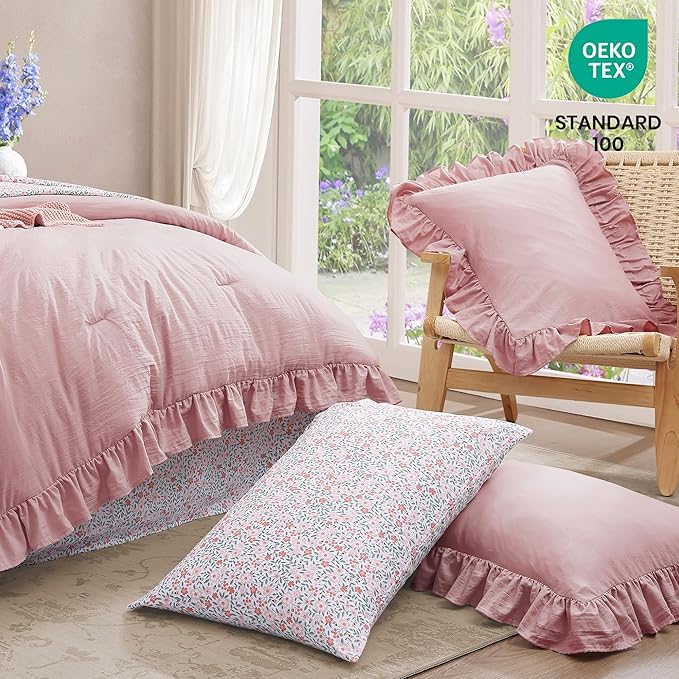 Twin XL Comforter Set - 5 Pieces Ruffle Soft Pink Bedding Sets, Shabby Chic Farmhouse Bed in a Bag Twin XL with Ruffle Comforter, Floral Sheets, Pillowcases & Shams