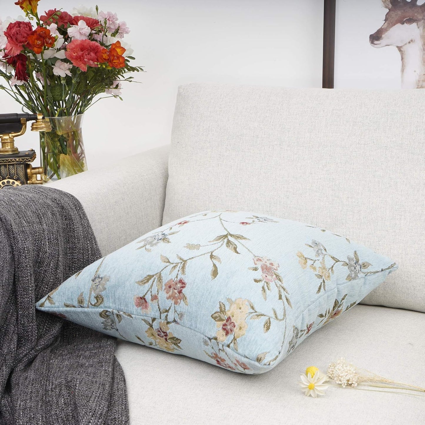 YOUR SMILE Embroidery Jacquard Teal Floral Leaf Pattern Square Decorative Throw Pillow Case Cushion Cover,18x18 inch