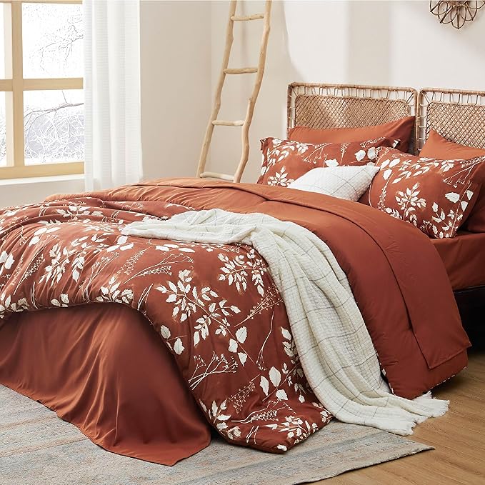 Bedsure Queen Comforter Set - 7 Pieces Floral Terracotta Soft Bedding Sets, Queen Bed in a Bag with Botanical Flowers Comforter, Sheets, Pillowcases & Shams