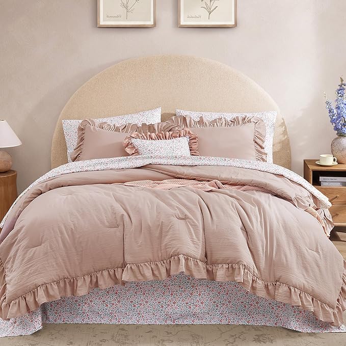 Twin XL Comforter Set - 5 Pieces Ruffle Rose Floral Bedding Sets, Shabby Chic Farmhouse Bed in a Bag with Ruffle Comforter, Floral Sheets, Pillowcase & Sham
