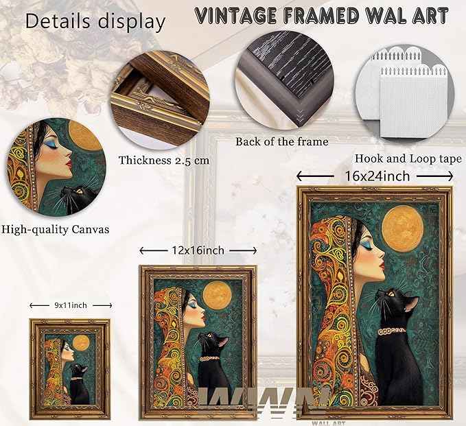 Vintage Gold Framed Boho Wall Art Moonlit Elegant Woman and Black Cat Painting Canvas Prints Gothic Dark Academia Moon Poster Bohemian Mystical Picture Artwork for Bedroom Living Room Home Décor