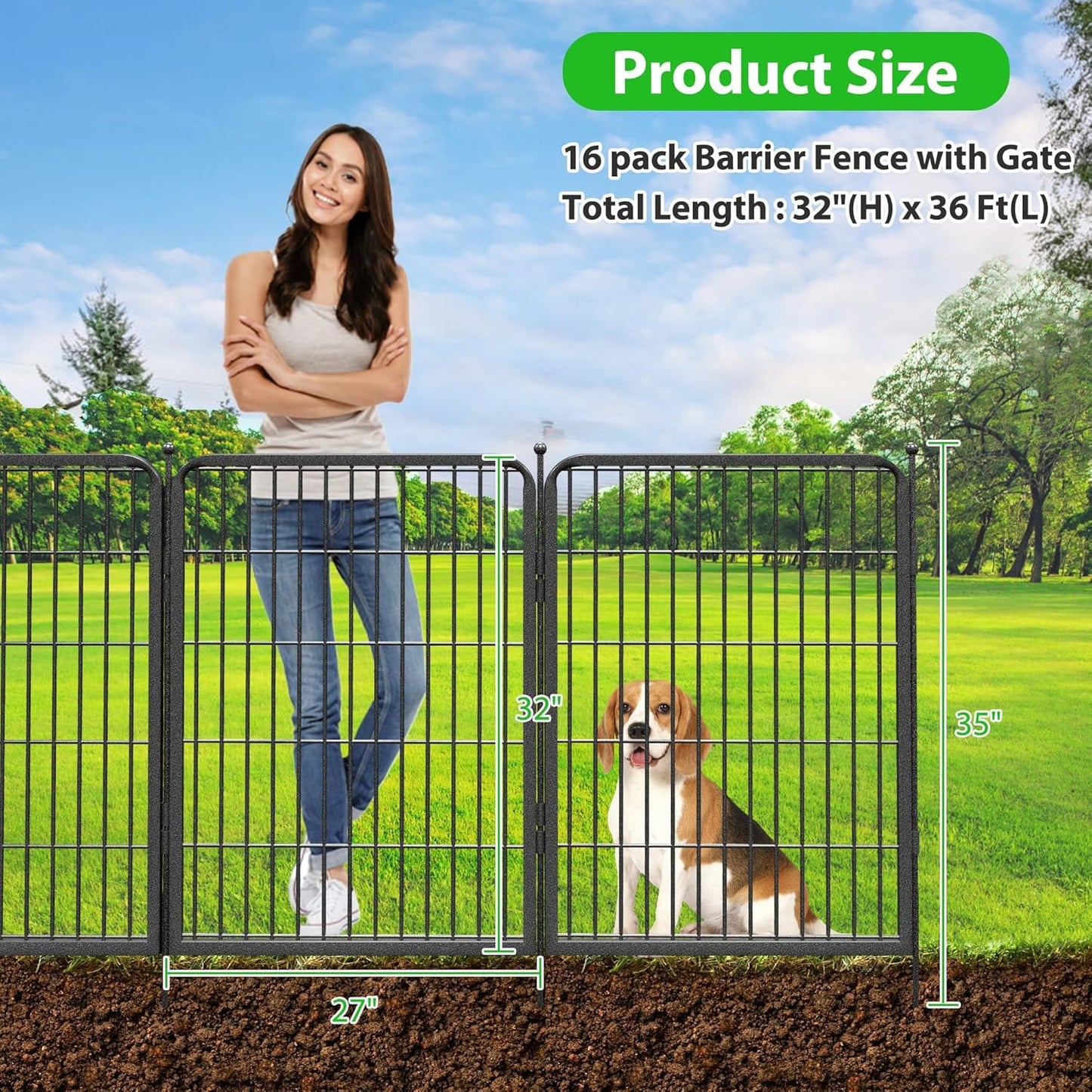 Decorative Black Metal Fencing Garden Fence with Gate, 36ft(L) 32in(H) 16 Fence Panels No Dig Fence Rustproof Animal Barrier Fence Temporary Dog Panels Fencing Outdoor