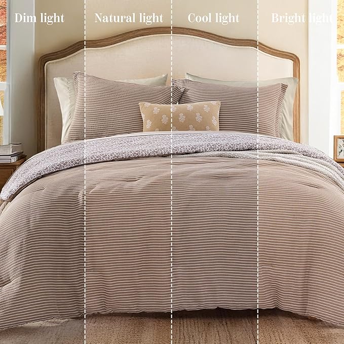 Queen Comforter Set - 7 Pieces Dark Brown Gauze Muslin Bedding Sets for All Seasons, Lightweight Breathable Bed in a Bag Queen with Revesible Farmhouse Comforter, Sheets, Pillowcases & Shams