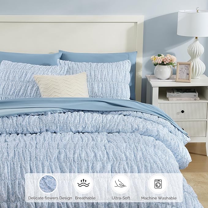 King Comforter Set - 7 Pieces Blue Classic Puff Floral Bedding Sets for All Seasons, Shabby Chic Farmhouse Bed in a Bag King with Wildflowers Fluffy Comforter, Sheets, Pillowcases & Shams
