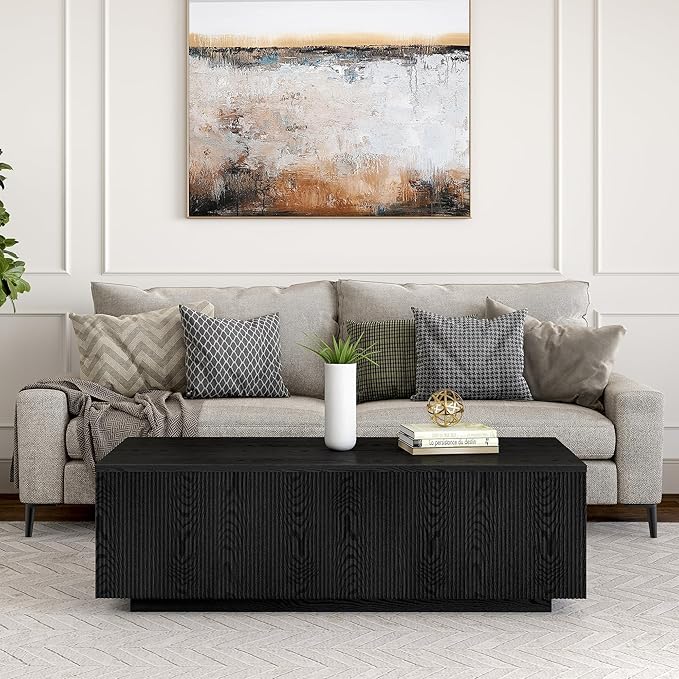 Henn&Hart 48" Fluted Rectangular Low-Profile Coffee Table with Ribbed Sides for Living Room, Family Room, or Office, Black Grain