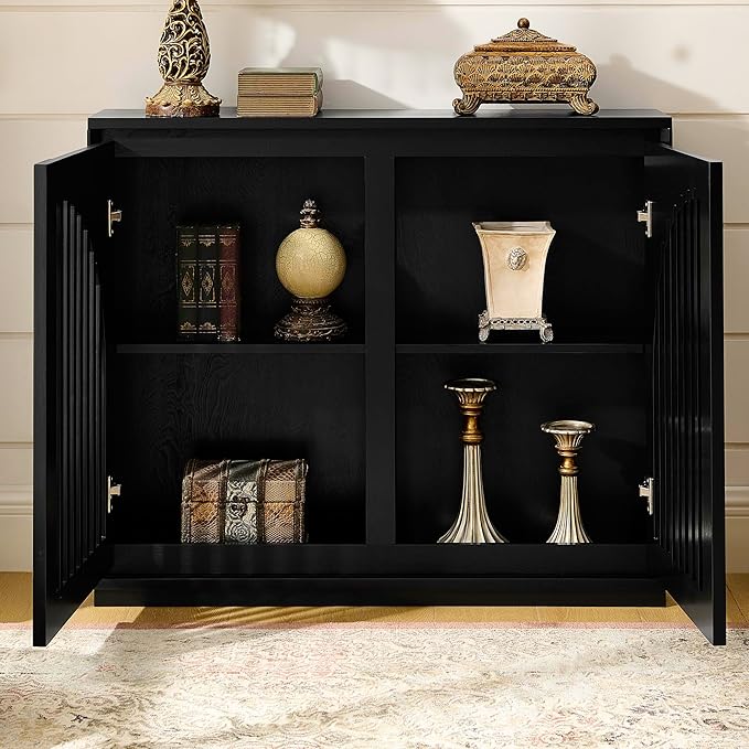 KEIKI 39" Mid Century Modern Fluted Sideboard Cabinet with Storage & Outlet Holes, Narrow Buffet Cabinet, Solid Wood + MDF, for Living Room, Entryway, Hallway, Kitchen, Coffee Bar, Black