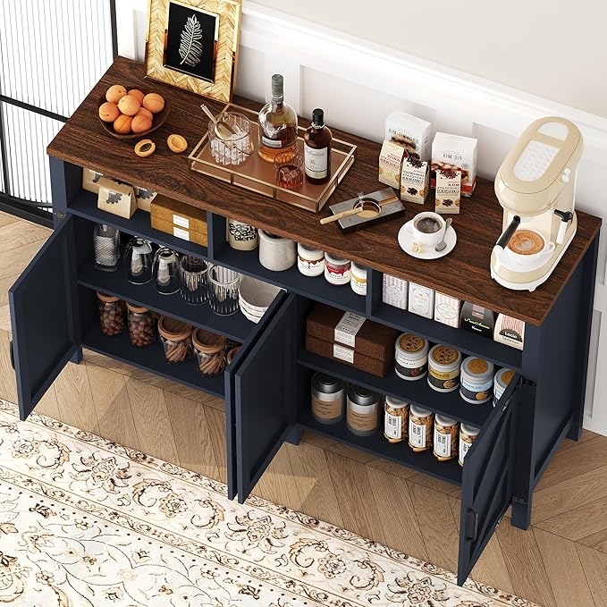 Buffet Sideboard with Storage Farmhouse with 4 Doors, 55'' Large Kitchen Storage Cabinet Wood Coffee Bar Buffet Table for Kitchen, Dining Room (Blue, 55 in)