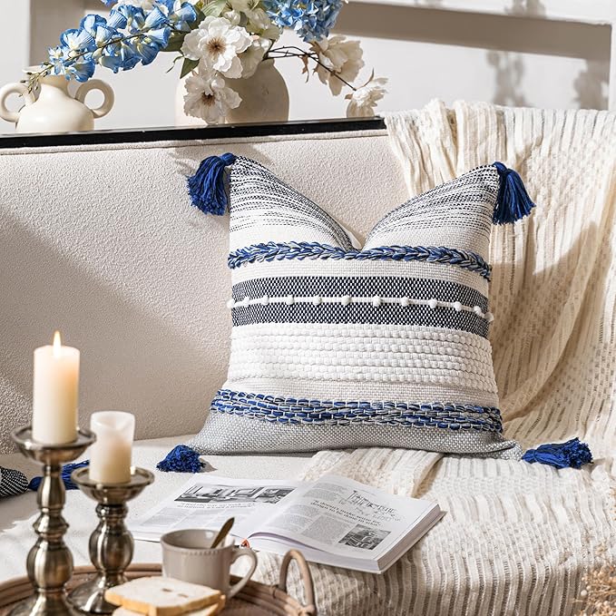 BlissBlush Navy Dark Blue Decorative Throw Pillow Cover 18x18 Square Boho Accent Pillowcase Tassels Farmhouse Cushion for Couch Sofa Bedroom Living Room Home Décor Cover ONLY