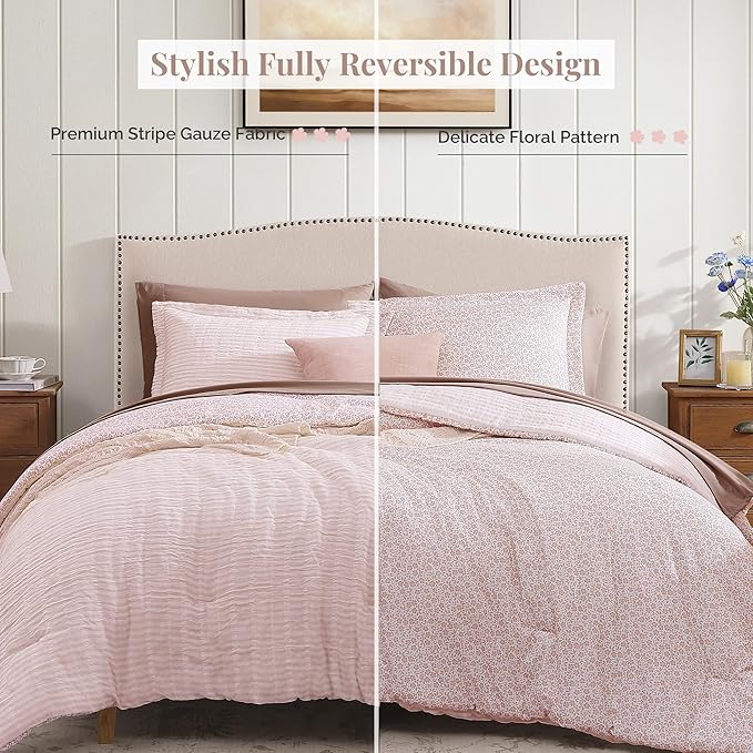 Queen Comforter Set - 7 Pieces Pink Gauze Muslin Bedding Sets for All Seasons, Lightweight Breathable Bed in a Bag Queen with Revesible Farmhouse Comforter, Sheets, Pillowcases & Shams