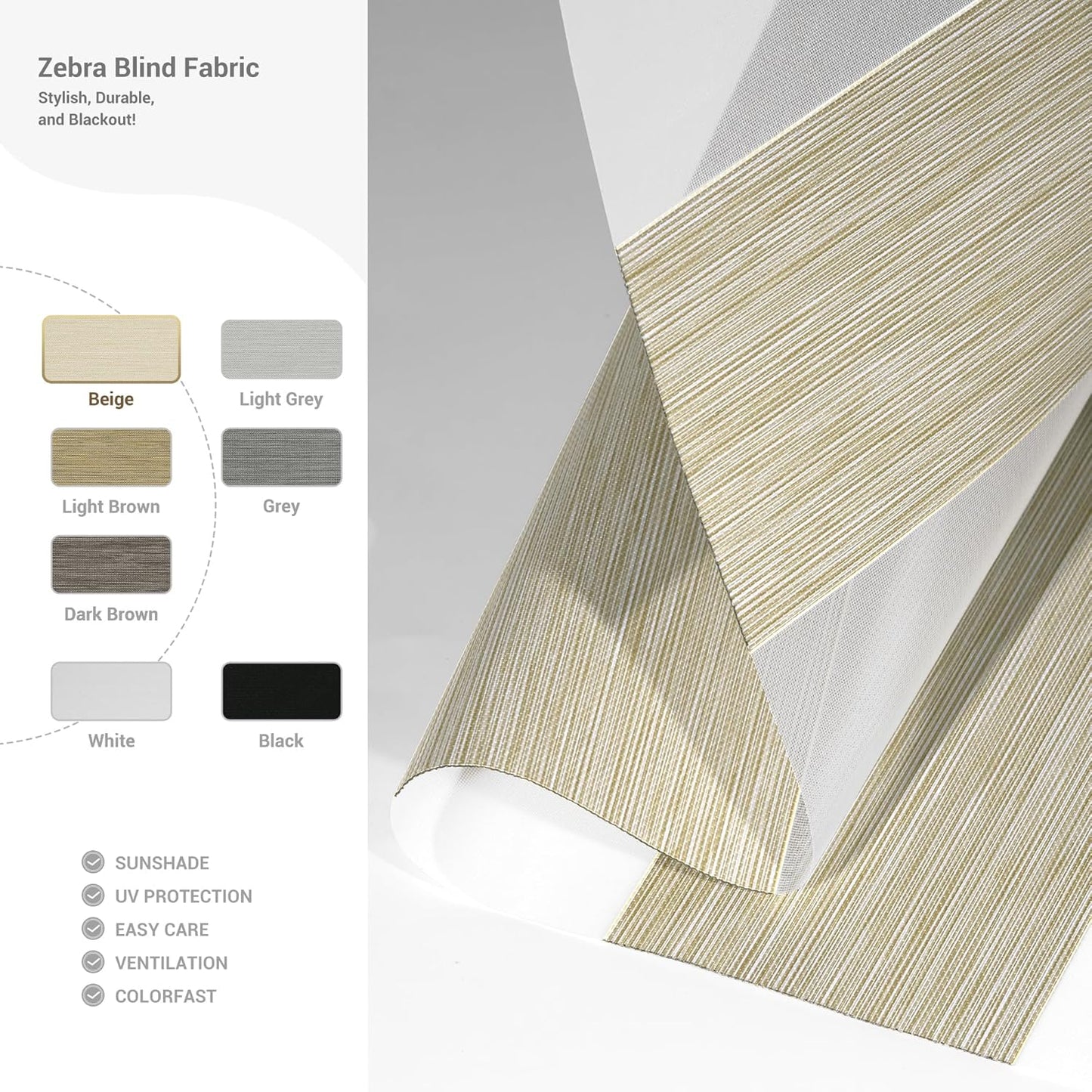 Cordless Zebra Blinds for Windows, Blackout Interior Blinds,Easy to Install,UV Protection,for Offices and Home,Custom Roller Shades, Mousse Beige,74" W x 72" H