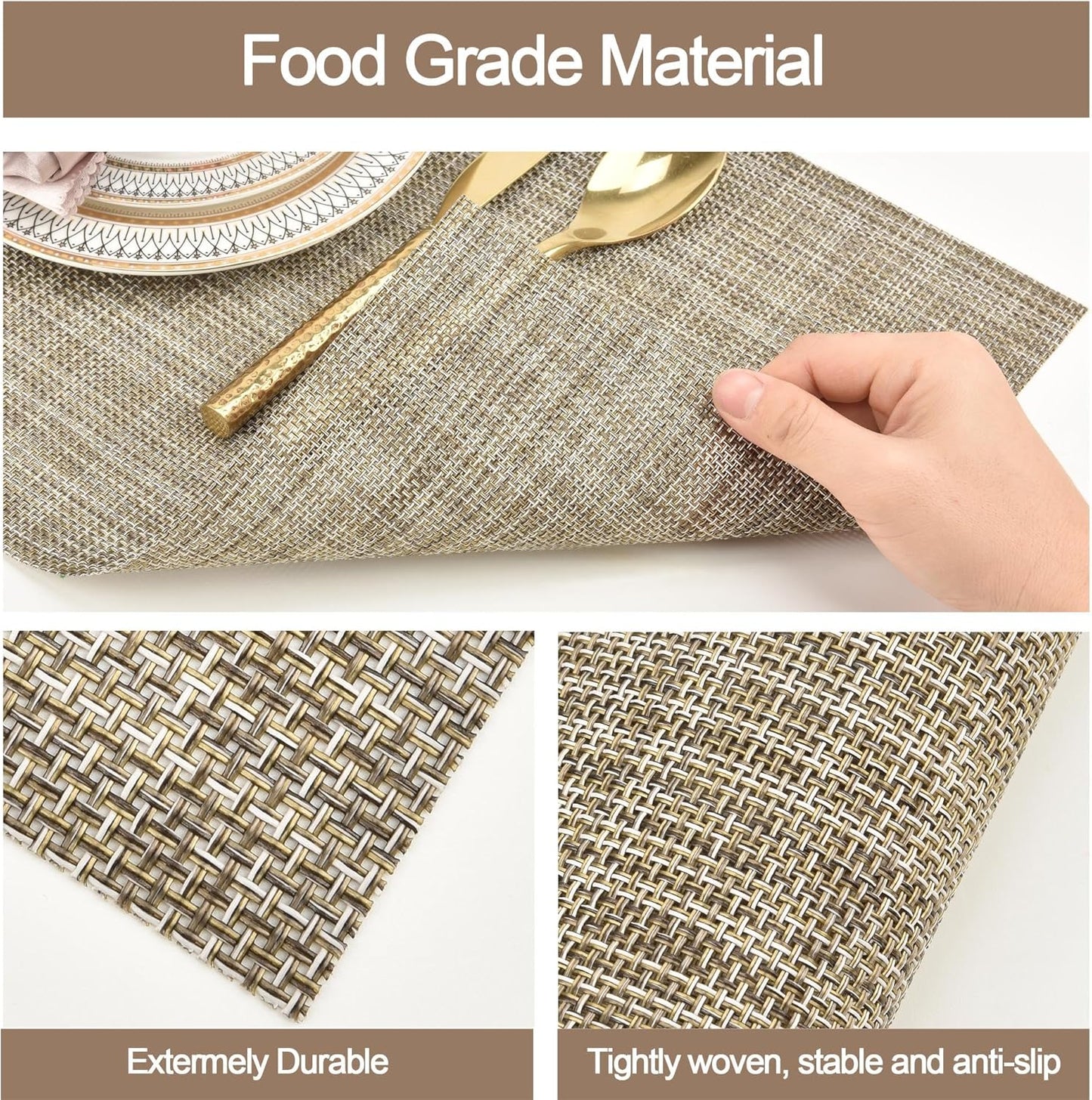 Placemats Set of 4 - Easy Clean Washable Vinyl Placemats - Wipeable Heat Resistant Table Mats for Dining Table - 17.7x11.8 Inch (4, Gray & Gold Two-Tone)