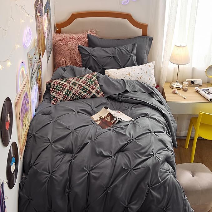 Bedsure Twin XL Comforter Set - Extra Long 5 Pieces Dorm Bedding Sets, GentleSoft™ Pinch Pleat Dark Grey Bed in a Bag with Pintuck Comforter, Sheets, Pillowcase & Sham