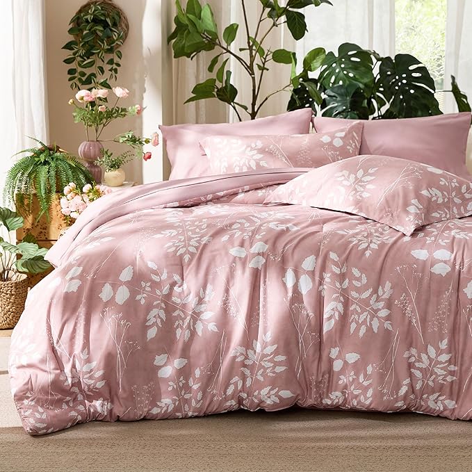 Bedsure Rose Pink Twin Comforter Set - 5 Pieces Floral Bedding Sets Twin Bed in a Bag with Reversible Botanical Flowers Comforter, Sheets, Pillowcase & Sham