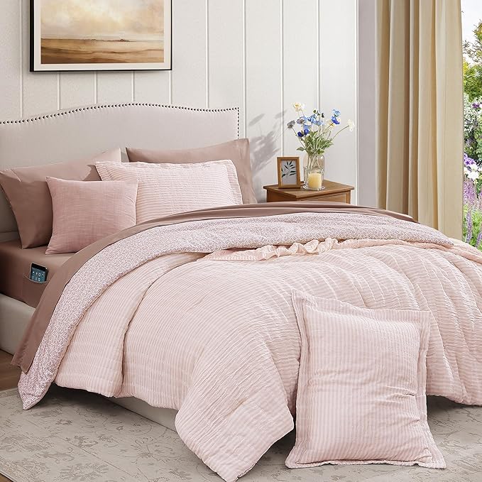 King Comforter Set - 7 Pieces Pink Gauze Muslin Bedding Sets for All Seasons, Lightweight Breathable Bed in a Bag King with Revesible Farmhouse Comforter, Sheets, Pillowcases & Shams