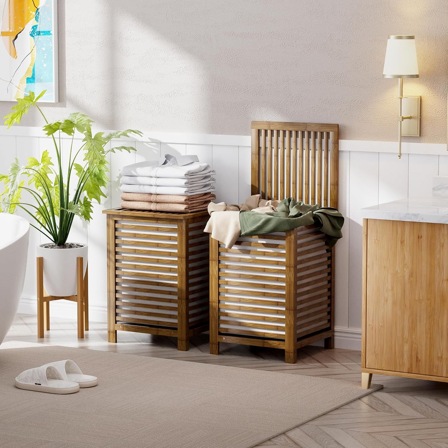 SMIBUY Double Laundry Hamper with Lid, 120L Bamboo Laundry Basket with Removable Liner Bag, 2-Section Clothes Divider Laundry Sorter for Laundry Room, Bathroom, Bedroom (Walnut)