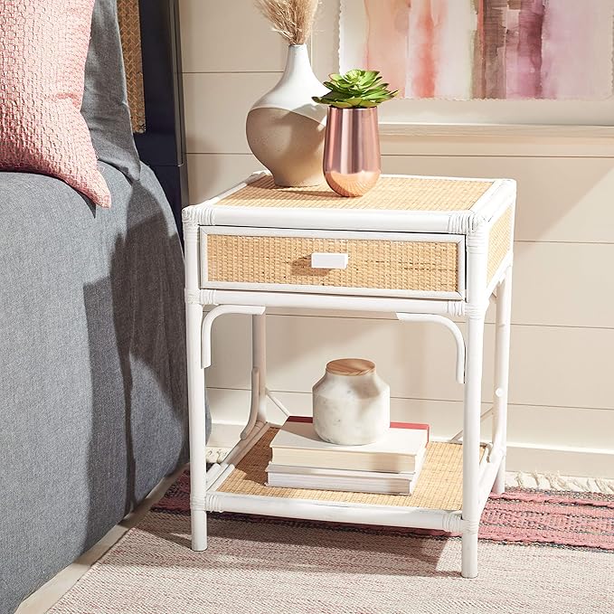 SAFAVIEH Home Collection – Roya White & Natural Nightstand with Drawer & Shelf, Coastal Accent Table, Bamboo-Style Frame & Rattan Drawer (NST4005C)