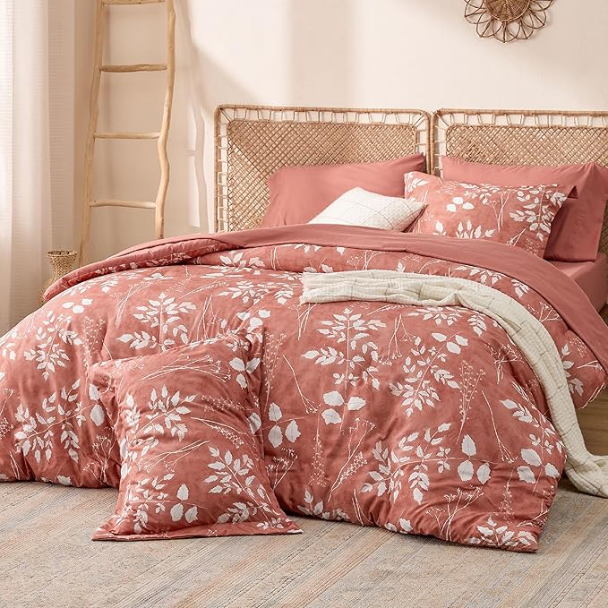 Bedsure Dusty Pink Queen Comforter Set - 7 Pieces Floral Bedding Sets, Queen Bed in a Bag with Reversible Botanical Flowers Comforter, Sheets, Pillowcases & Shams