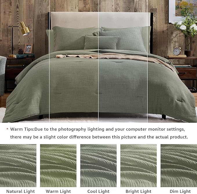 Geniospin King Size Comforter Set- 7 Piece Sage Green Textured King Bedding Set, Soft Solid Bed in a Bag for All Season, King Comforter Set with Sheets(Sage Green,102''x90'')