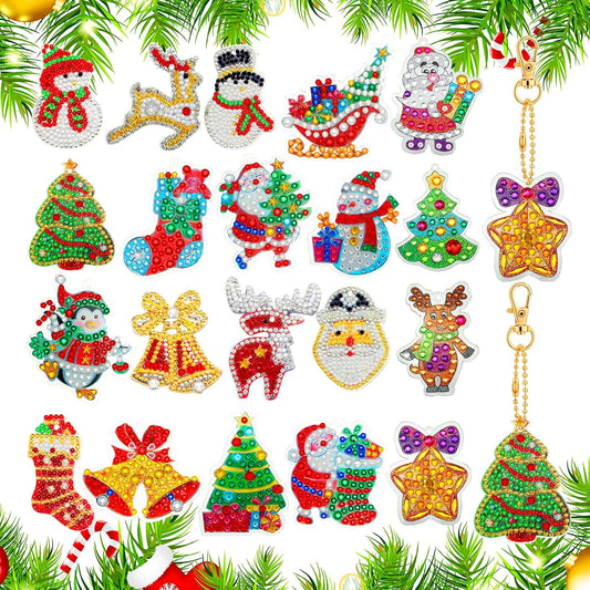 Chuangdi 20 Pieces Christmas Diamond Painting Ornaments Christmas Tree Diamond Art Kits 5d Double Sided Santa Snowman Keychain Keyring DIY Pendant Xmas Party Decor